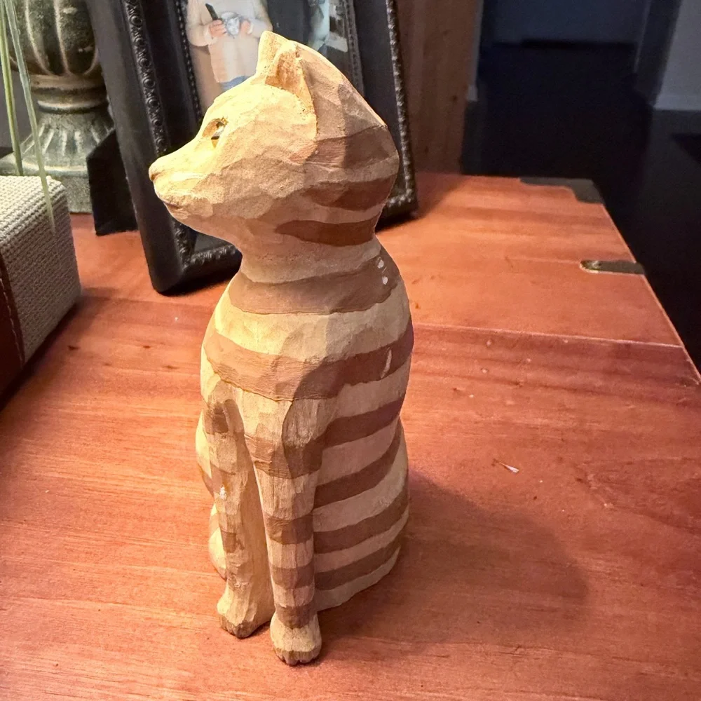 Handcarved wood Striped Cat Figurine